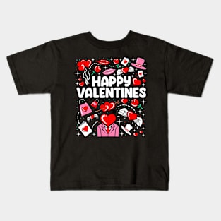 Happy Valentines Day Cute Heart Love Flower Pattern Kids T-Shirt